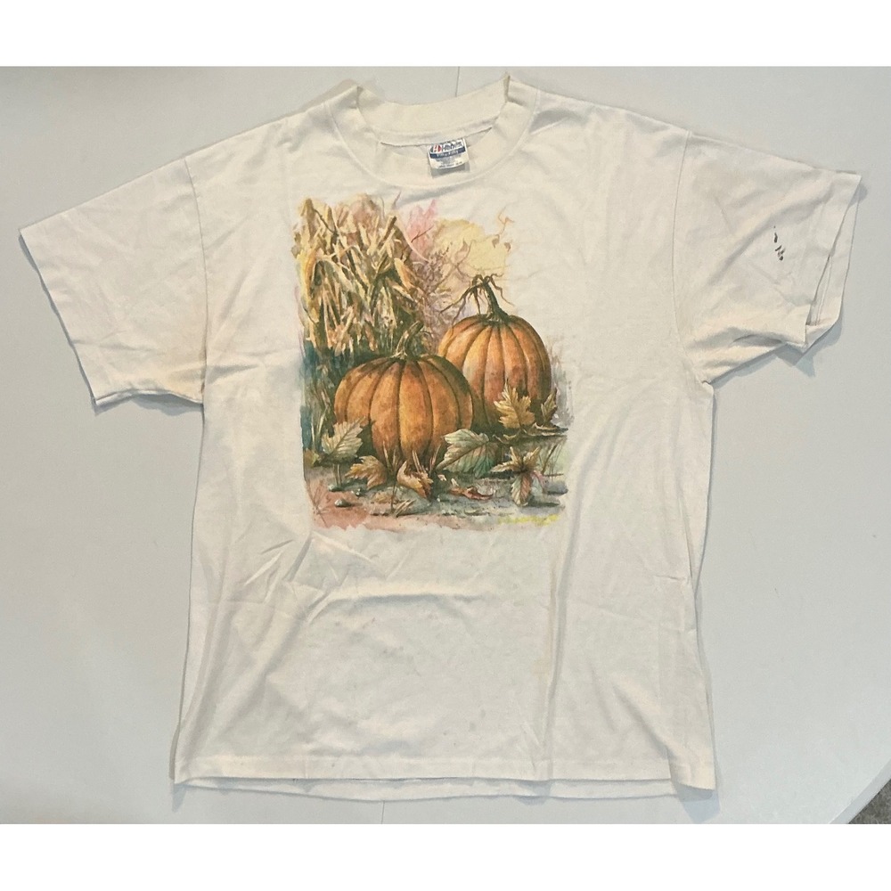 VTG Y2K Fall Halloween Pumpkin Thanksgiving Art Harvest T Shirt L White
